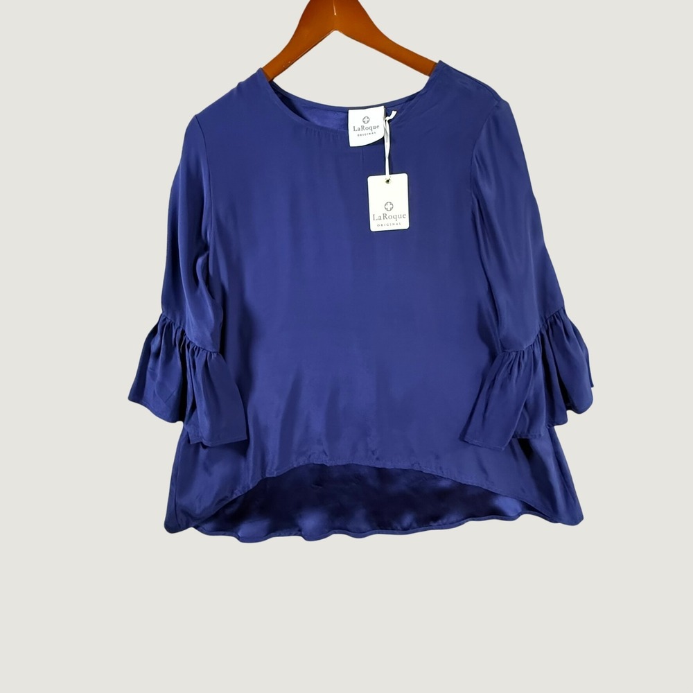 LaRoque Original 100% Silk Blue High Low Bell Sleeve Blouse NWT‎ No Size Tag